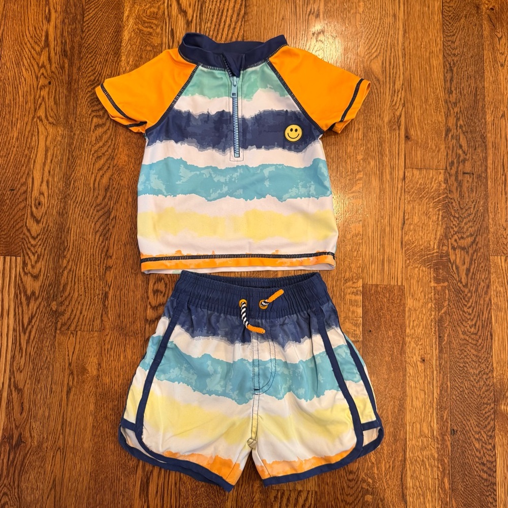 Andy & Evan Kids Swim Trunks Rashguard Set - Orange and Blue Size 2T